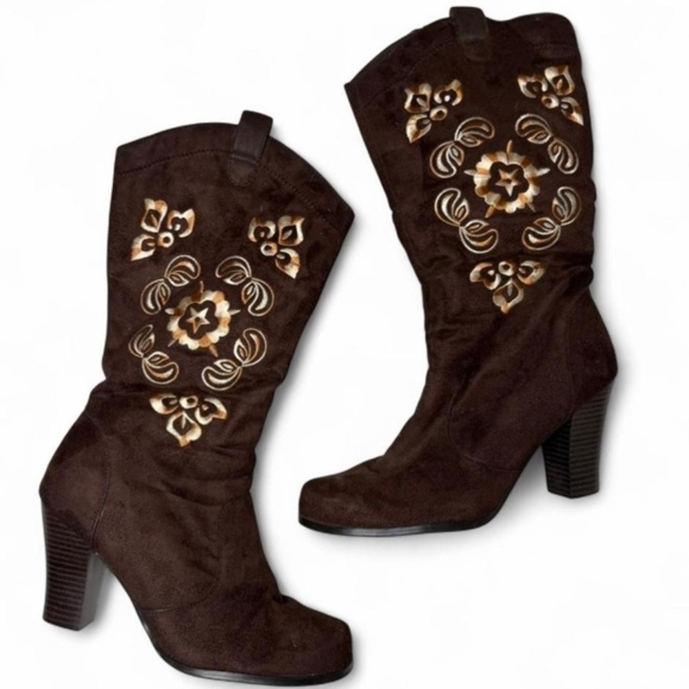 Vintage Ellemeno Brown Suede Embroidered Western Cowboy Boots 8.5 Boho Y2K Chic